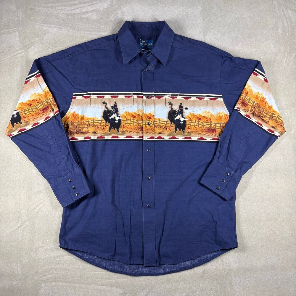 Vintage Wrangler Western Shirt Rodeo Cowboy Print Pearl Snap Blue Mens XL